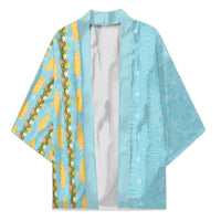 Hawaii Shell Tiare Anthurium Heliconia Lei Kimono With Tapa Pattern Baby Blue