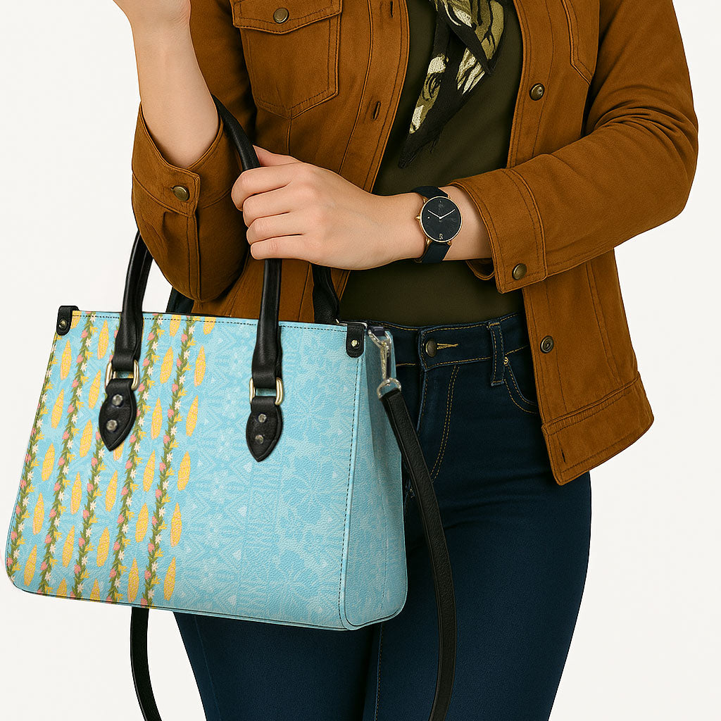 Hawaii Shell Tiare Anthurium Heliconia Lei Leather Bag With Tapa Pattern Baby Blue