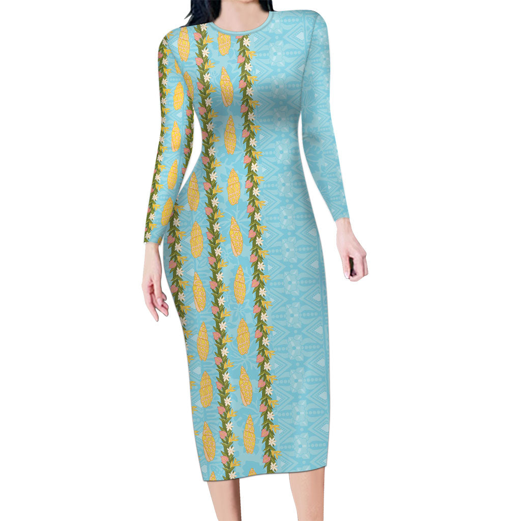 Hawaii Shell Tiare Anthurium Heliconia Lei Long Sleeve Bodycon Dress With Tapa Pattern Baby Blue