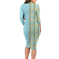 Hawaii Shell Tiare Anthurium Heliconia Lei Long Sleeve Bodycon Dress With Tapa Pattern Baby Blue