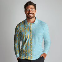Hawaii Shell Tiare Anthurium Heliconia Lei Long Sleeve Polo Shirt With Tapa Pattern Baby Blue