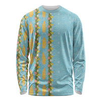 Hawaii Shell Tiare Anthurium Heliconia Lei Long Sleeve Shirt With Tapa Pattern Baby Blue
