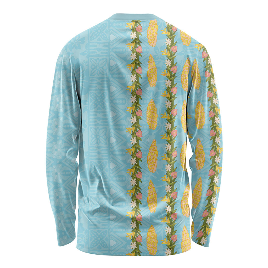 Hawaii Shell Tiare Anthurium Heliconia Lei Long Sleeve Shirt With Tapa Pattern Baby Blue