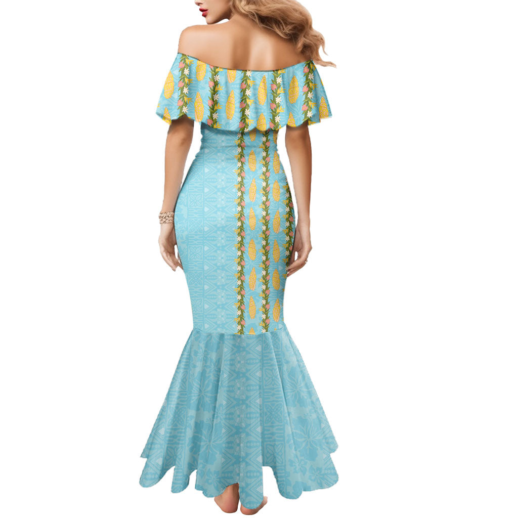 Hawaii Shell Tiare Anthurium Heliconia Lei Mermaid Dress With Tapa Pattern Baby Blue