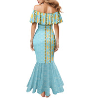 Hawaii Shell Tiare Anthurium Heliconia Lei Mermaid Dress With Tapa Pattern Baby Blue