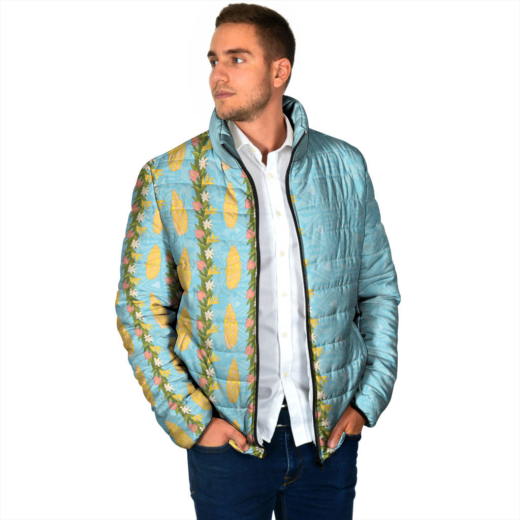 Hawaii Shell Tiare Anthurium Heliconia Lei Padded Jacket With Tapa Pattern Baby Blue