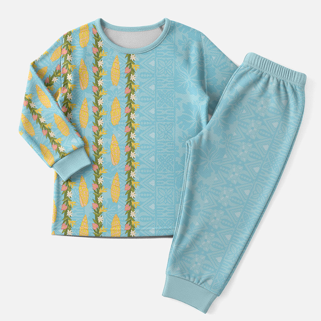 Hawaii Shell Tiare Anthurium Heliconia Lei Christmas Pajama Set With Tapa Pattern Baby Blue LT05 Men Blue - Polynesian Pride