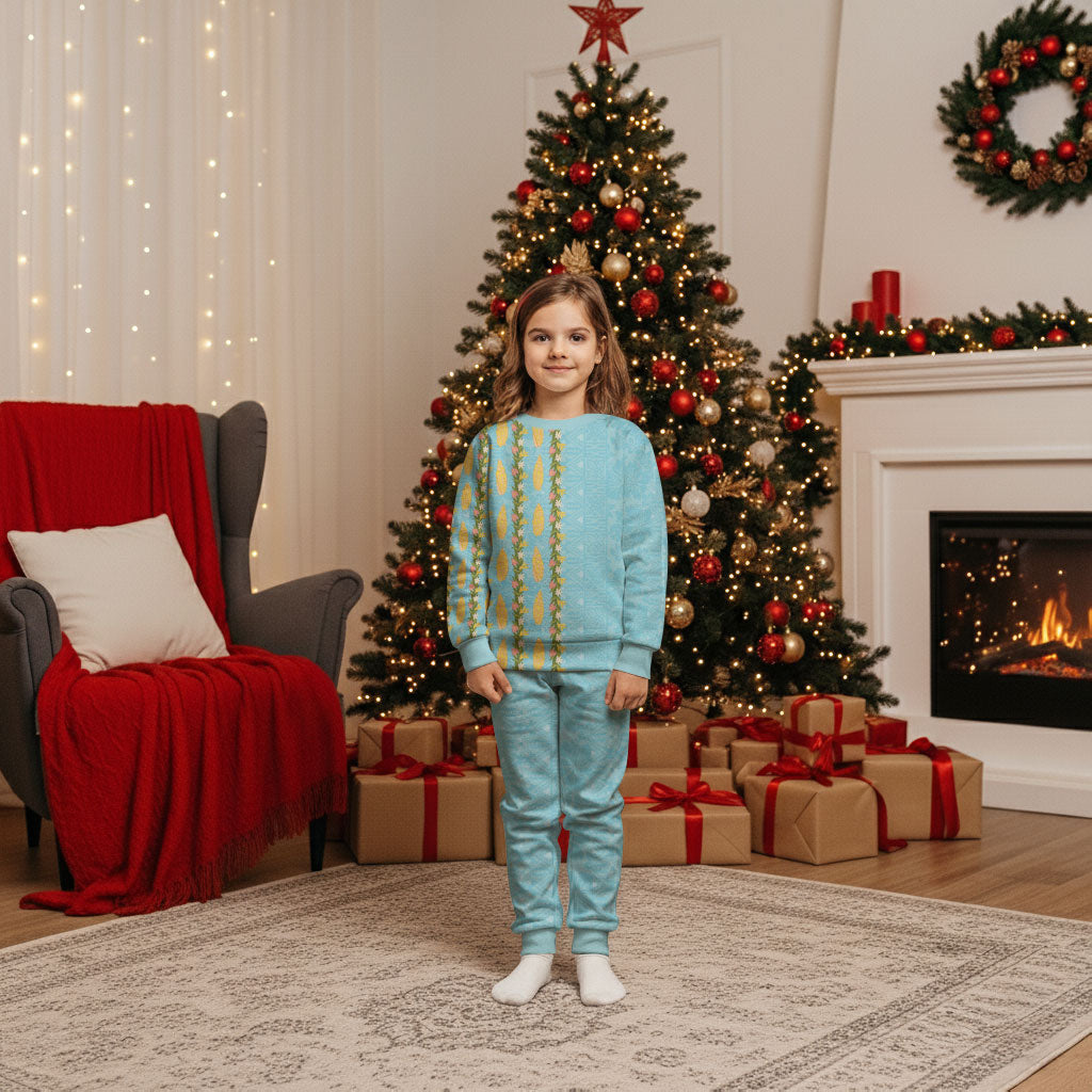 Hawaii Shell Tiare Anthurium Heliconia Lei Christmas Pajama Set With Tapa Pattern Baby Blue LT05 Kid Blue - Polynesian Pride