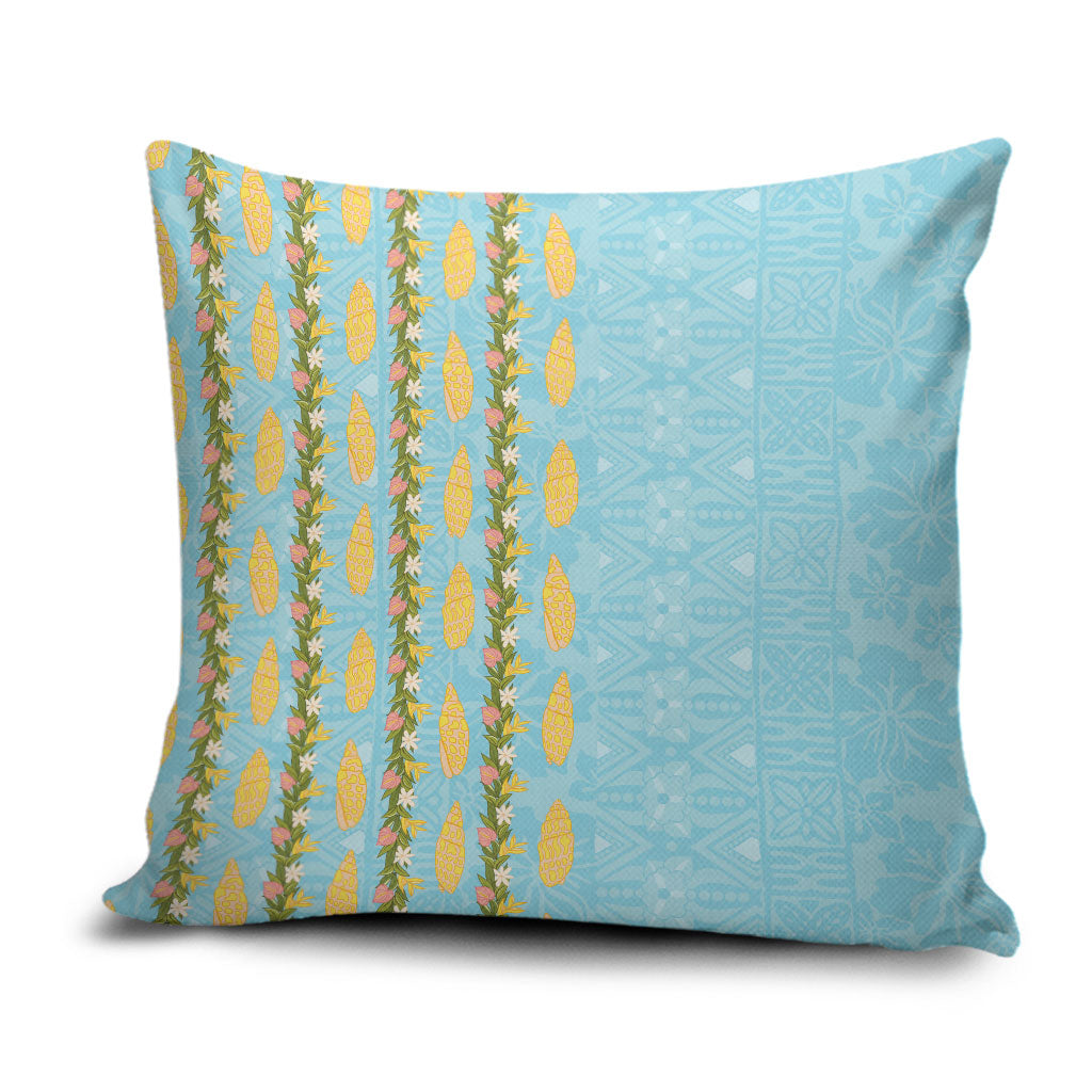 Hawaii Shell Tiare Anthurium Heliconia Lei Pillow Cover With Tapa Pattern Baby Blue