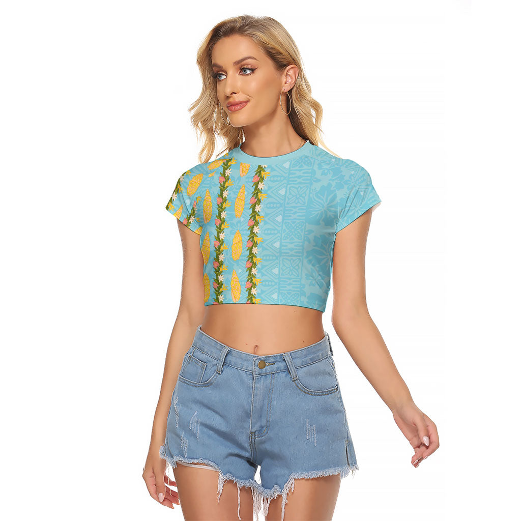 Hawaii Shell Tiare Anthurium Heliconia Lei Raglan Cropped T Shirt With Tapa Pattern Baby Blue