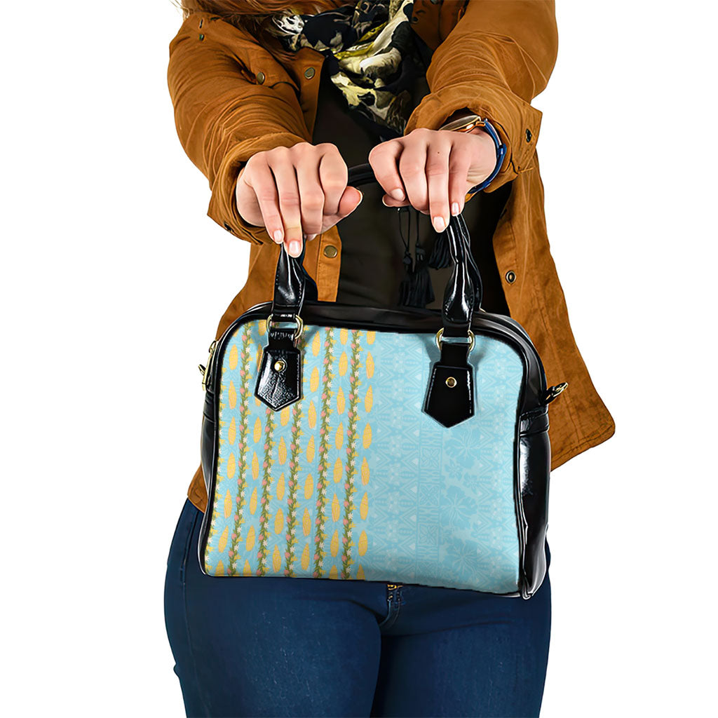 Hawaii Shell Tiare Anthurium Heliconia Lei Shoulder Handbag With Tapa Pattern Baby Blue