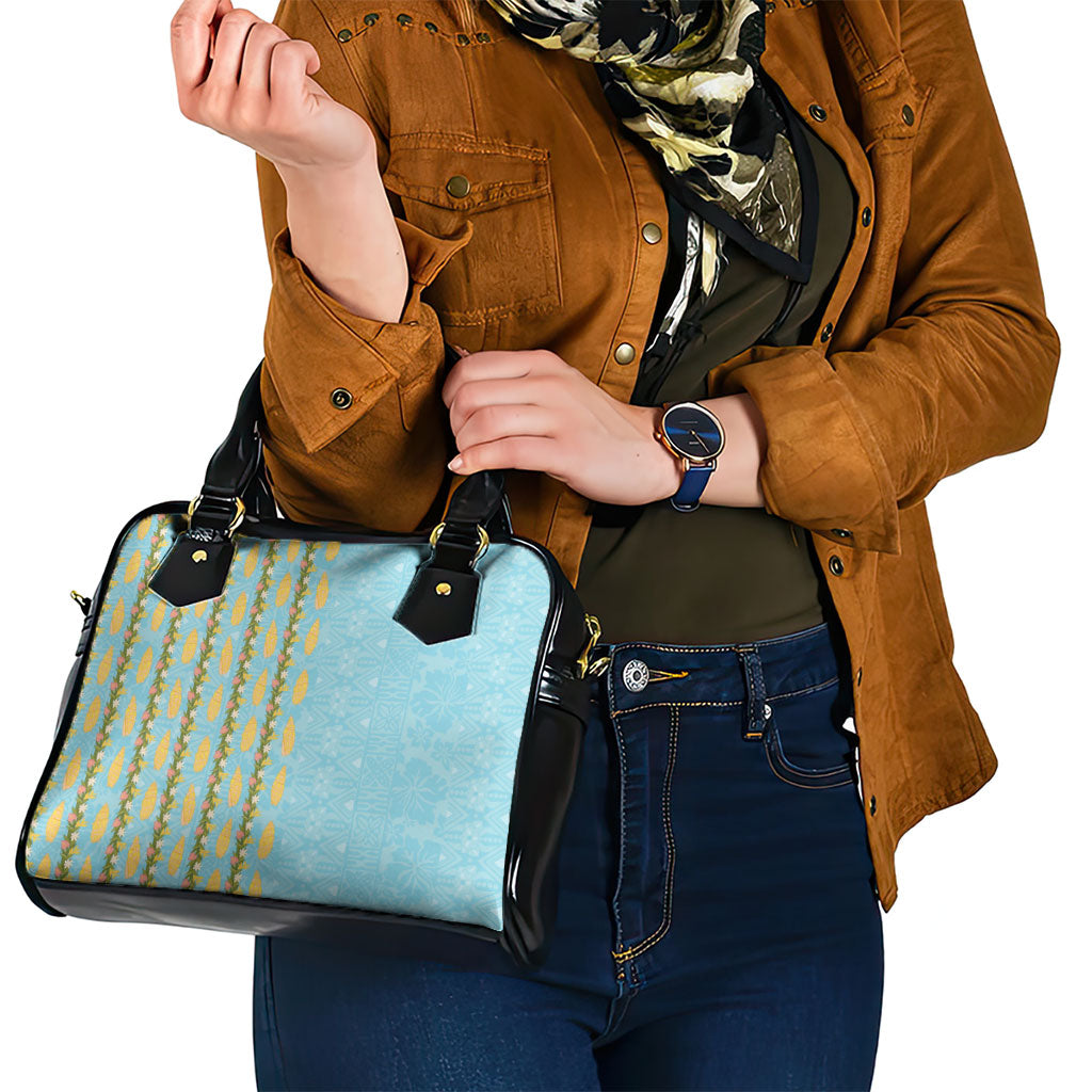 Hawaii Shell Tiare Anthurium Heliconia Lei Shoulder Handbag With Tapa Pattern Baby Blue
