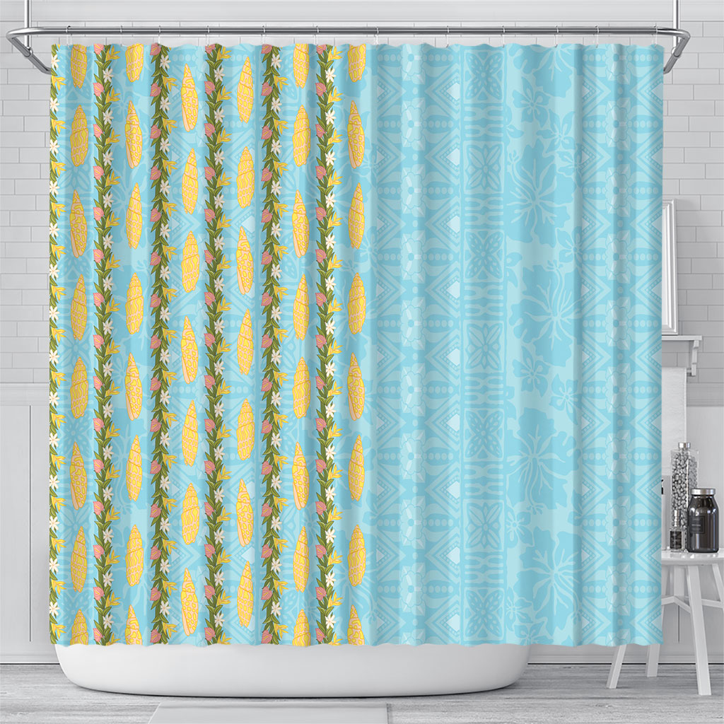 Hawaii Shell Tiare Anthurium Heliconia Lei Shower Curtain With Tapa Pattern Baby Blue