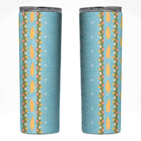 Hawaii Shell Tiare Anthurium Heliconia Lei Skinny Tumbler With Tapa Pattern Baby Blue