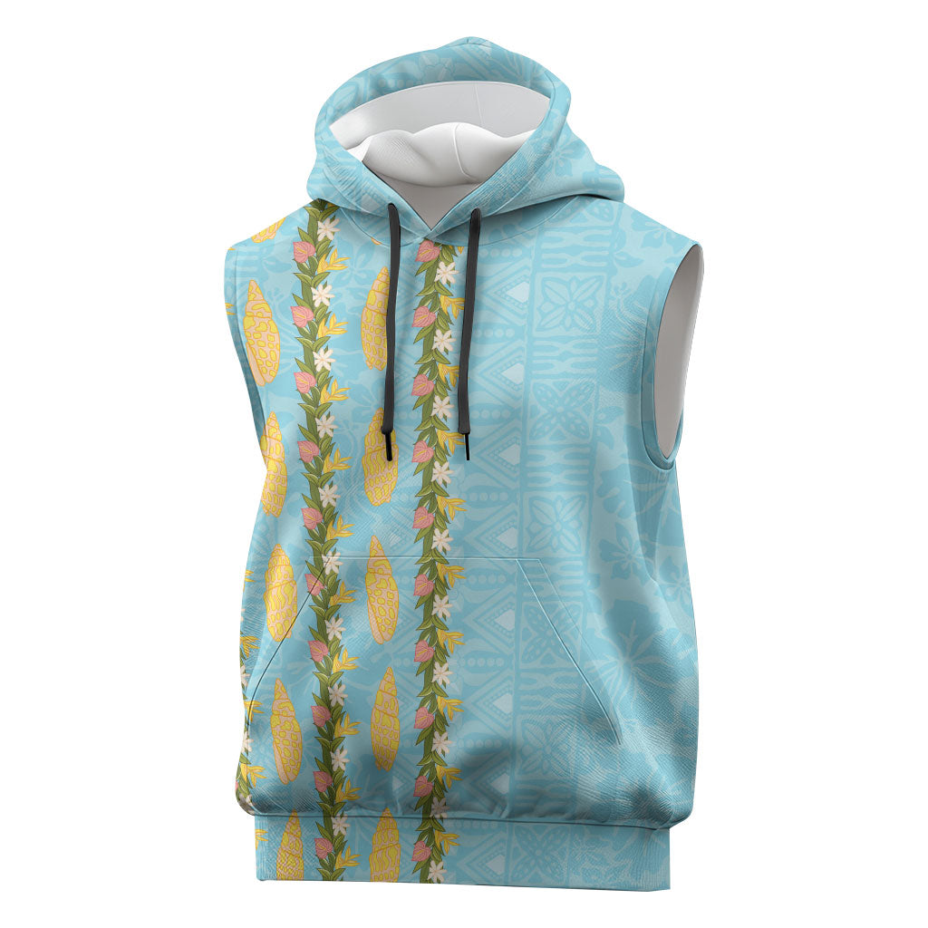 Hawaii Shell Tiare Anthurium Heliconia Lei Sleeveless Hoodie With Tapa Pattern Baby Blue