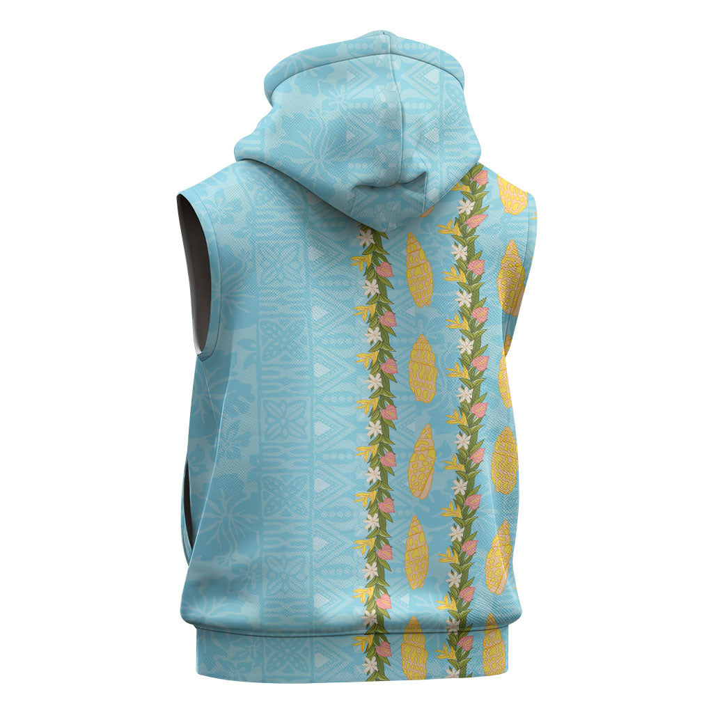 Hawaii Shell Tiare Anthurium Heliconia Lei Sleeveless Hoodie With Tapa Pattern Baby Blue