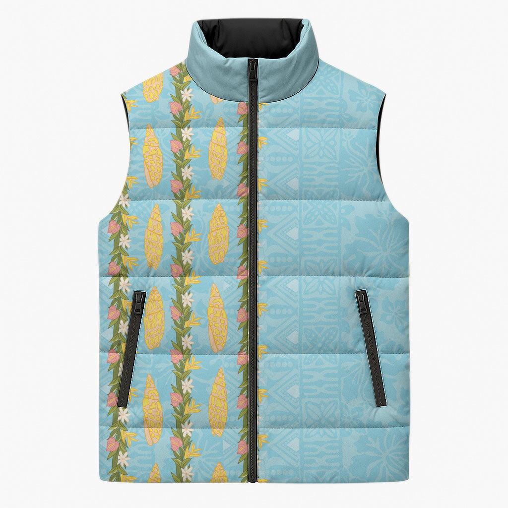 Hawaii Shell Tiare Anthurium Heliconia Lei Sleeveless Puffer Jacket With Tapa Pattern Baby Blue