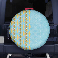 Hawaii Shell Tiare Anthurium Heliconia Lei Spare Tire Cover With Tapa Pattern Baby Blue
