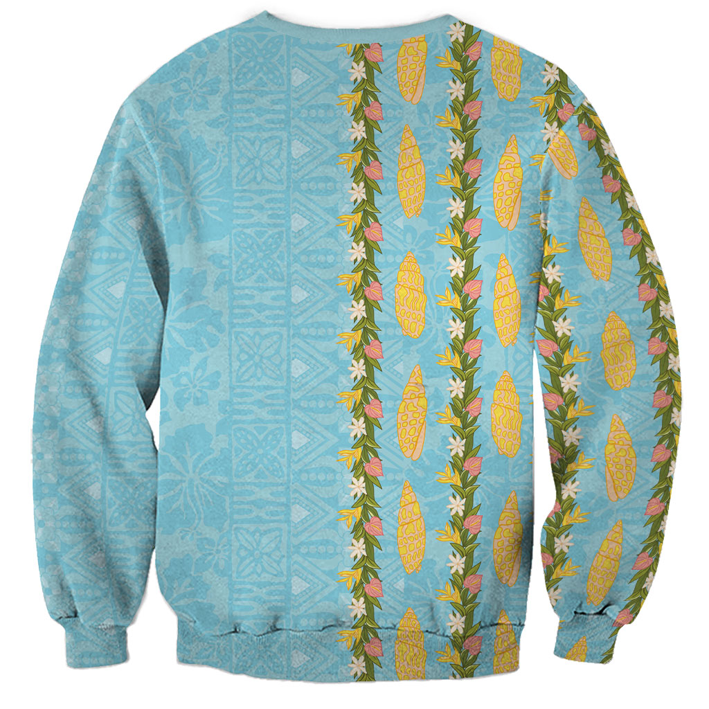 Hawaii Shell Tiare Anthurium Heliconia Lei Sweatshirt With Tapa Pattern Baby Blue