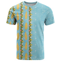Hawaii Shell Tiare Anthurium Heliconia Lei T Shirt With Tapa Pattern Baby Blue