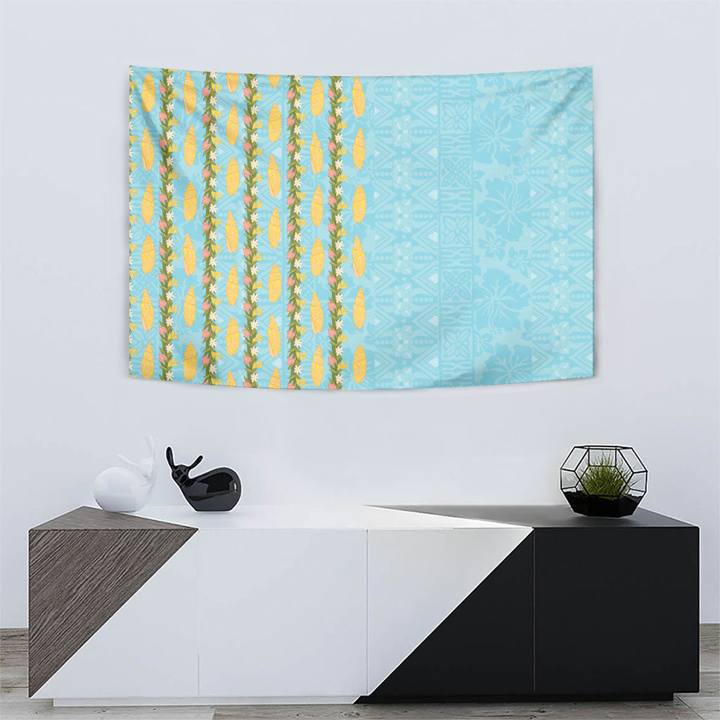 Hawaii Shell Tiare Anthurium Heliconia Lei Tapestry With Tapa Pattern Baby Blue