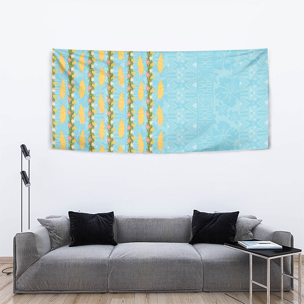 Hawaii Shell Tiare Anthurium Heliconia Lei Tapestry With Tapa Pattern Baby Blue