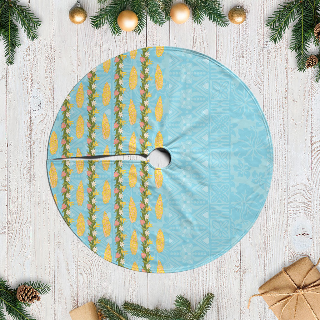 Hawaii Shell Tiare Anthurium Heliconia Lei Tree Skirt With Tapa Pattern Baby Blue LT05 Casual Blue - Polynesian Pride