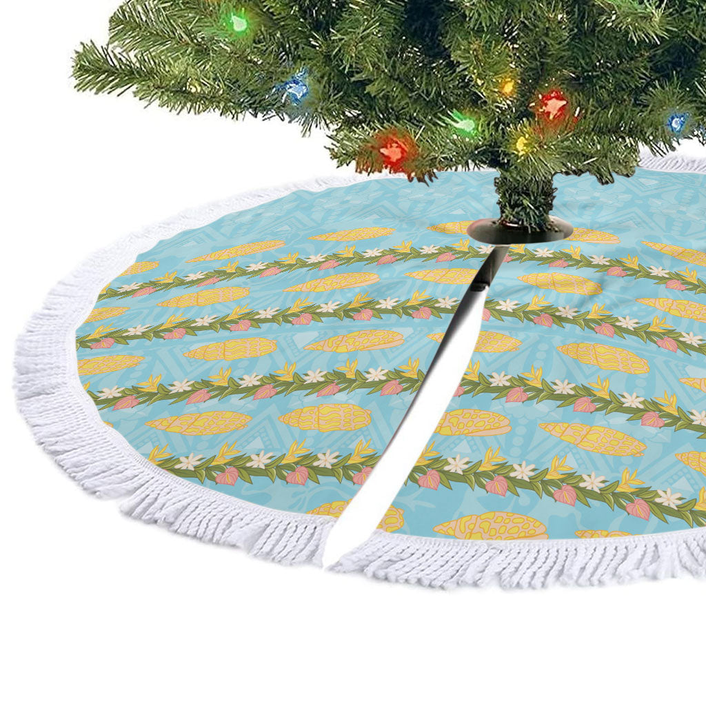 Hawaii Shell Tiare Anthurium Heliconia Lei Tree Skirt With Tapa Pattern Baby Blue LT05 - Polynesian Pride