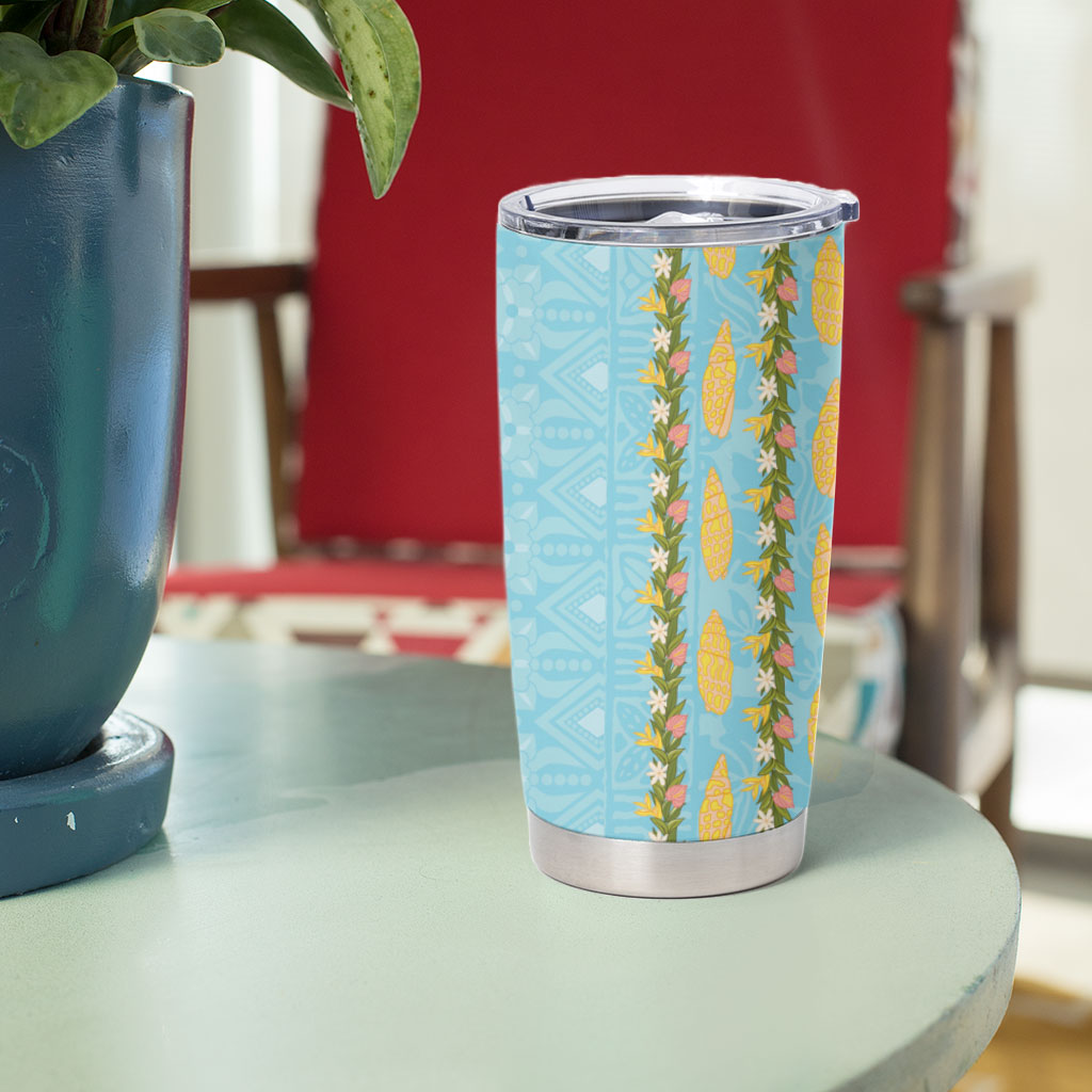 Hawaii Shell Tiare Anthurium Heliconia Lei Tumbler Cup With Tapa Pattern Baby Blue
