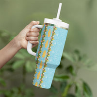 Hawaii Shell Tiare Anthurium Heliconia Lei Tumbler With Handle With Tapa Pattern Baby Blue