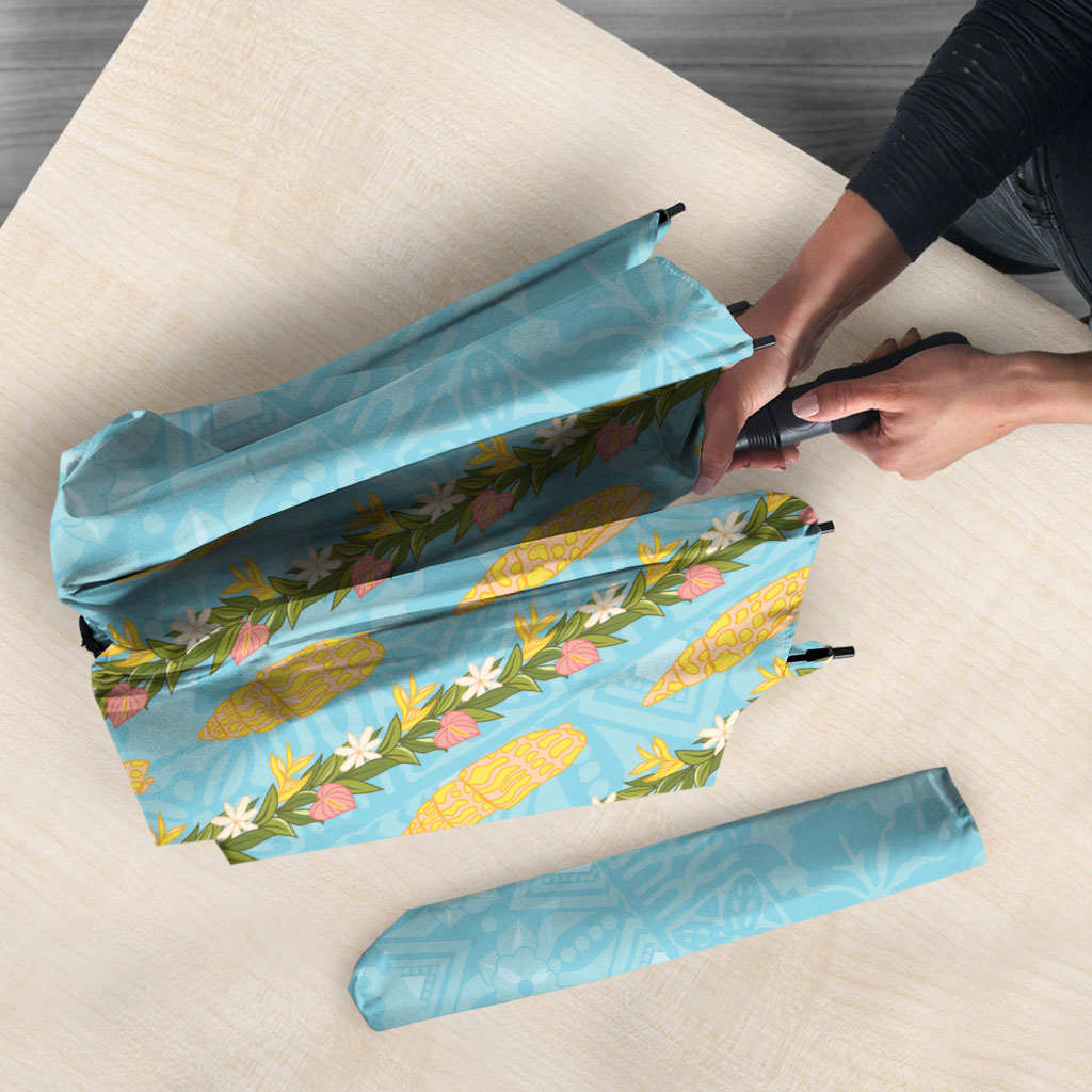 Hawaii Shell Tiare Anthurium Heliconia Lei Umbrella With Tapa Pattern Baby Blue