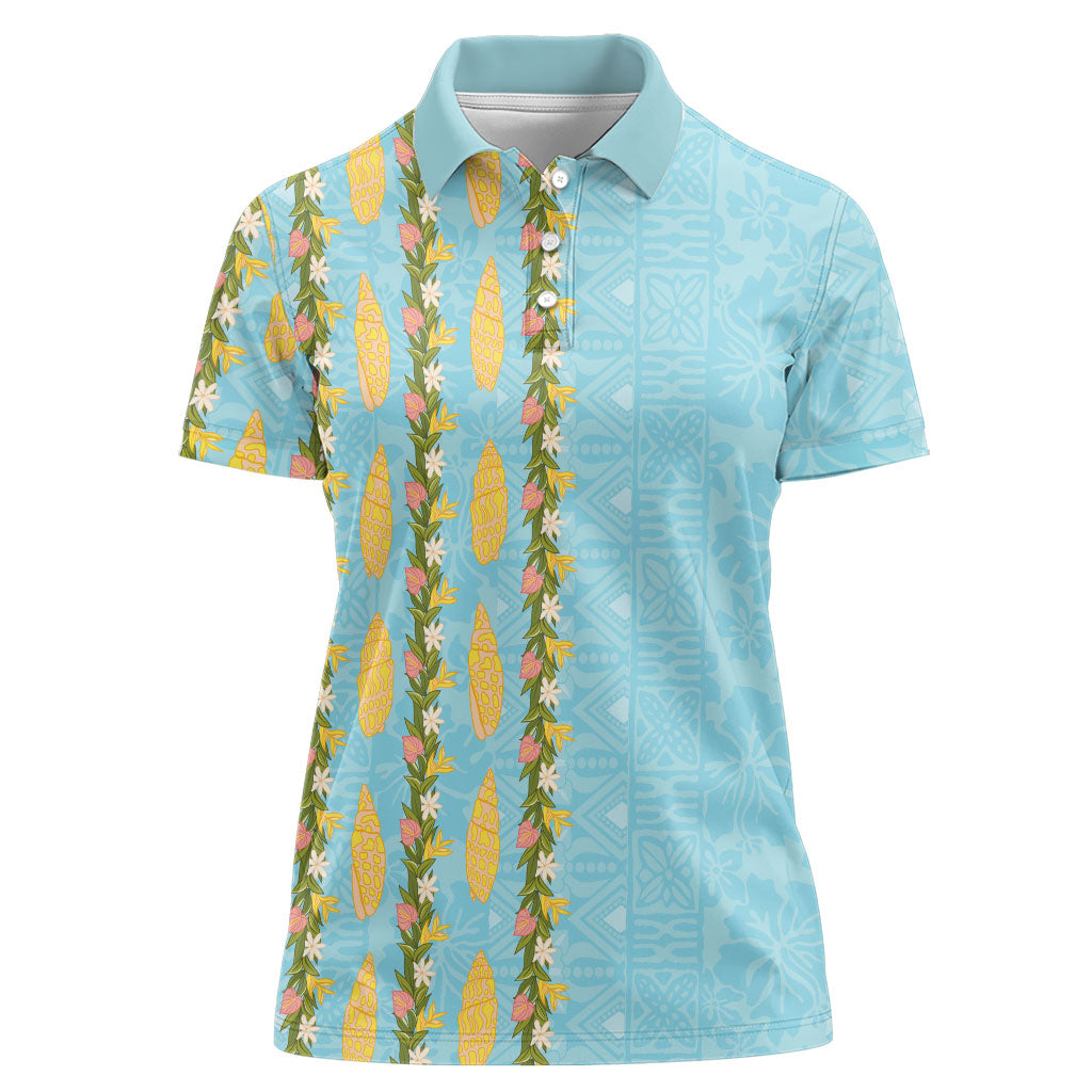 Hawaii Shell Tiare Anthurium Heliconia Lei Women Polo Shirt With Tapa Pattern Baby Blue