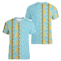 Hawaii Shell Tiare Anthurium Heliconia Lei Women V-Neck T-Shirt With Tapa Pattern Baby Blue