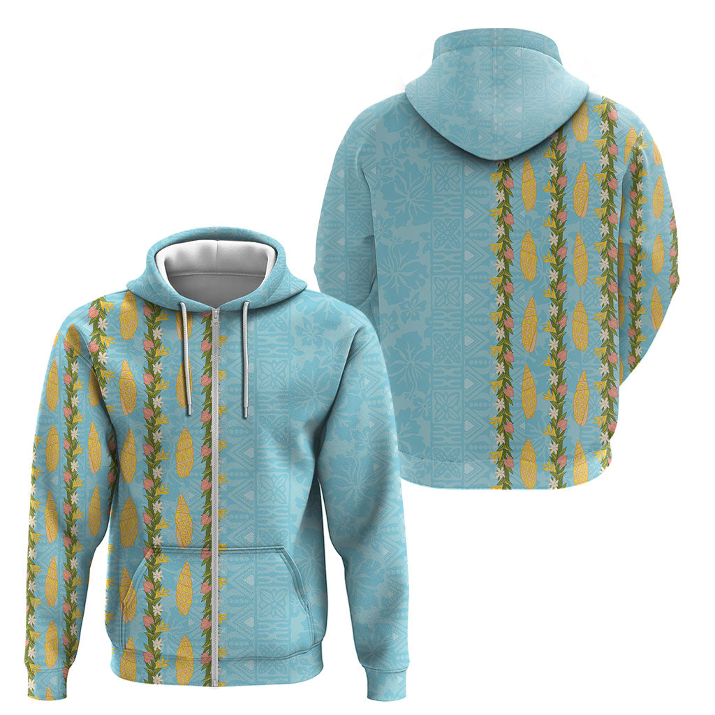 Hawaii Shell Tiare Anthurium Heliconia Lei Zip Hoodie With Tapa Pattern Baby Blue
