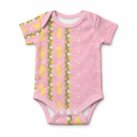 Hawaii Shell Tiare Anthurium Heliconia Lei Baby Onesie With Tapa Pattern Baby Pink LT05 Pink - Polynesian Pride