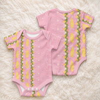 Hawaii Shell Tiare Anthurium Heliconia Lei Baby Onesie With Tapa Pattern Baby Pink LT05 - Polynesian Pride