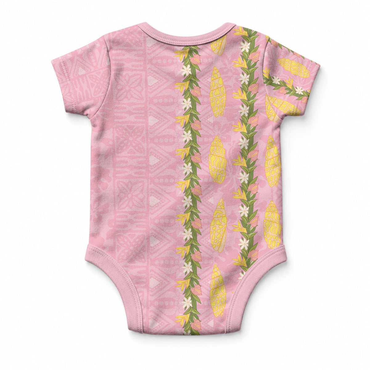 Hawaii Shell Tiare Anthurium Heliconia Lei Baby Onesie With Tapa Pattern Baby Pink LT05 - Polynesian Pride