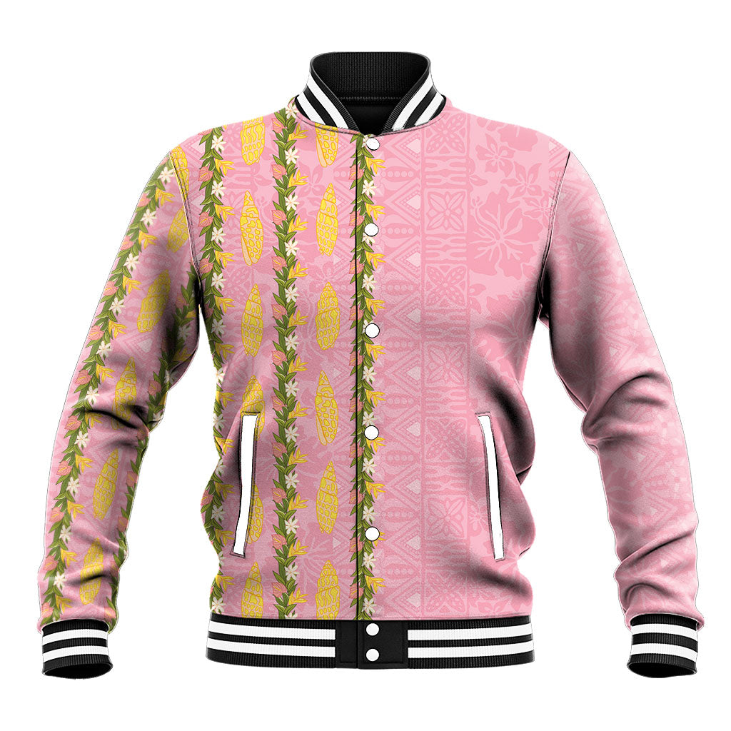 Hawaii Shell Tiare Anthurium Heliconia Lei Baseball Jacket With Tapa Pattern Baby Pink