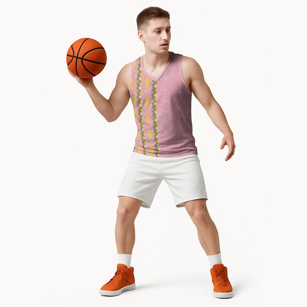 Hawaii Shell Tiare Anthurium Heliconia Lei Basketball Jersey With Tapa Pattern Baby Pink