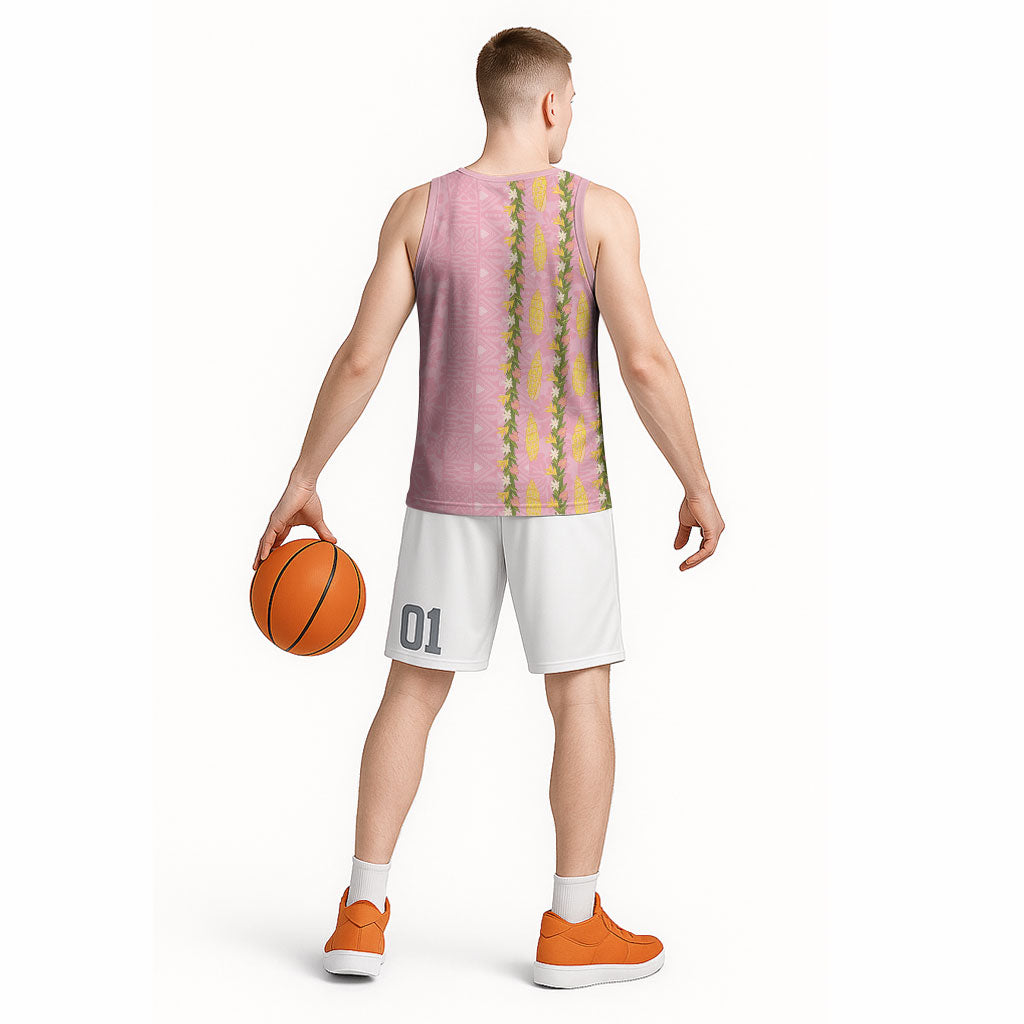 Hawaii Shell Tiare Anthurium Heliconia Lei Basketball Jersey With Tapa Pattern Baby Pink