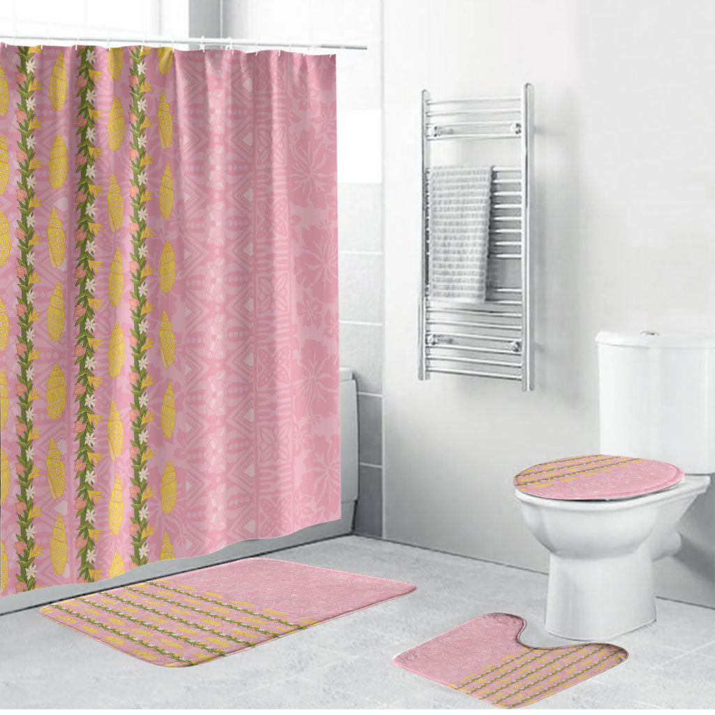 Hawaii Shell Tiare Anthurium Heliconia Lei Bathroom Set With Tapa Pattern Baby Pink