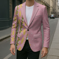 Hawaii Shell Tiare Anthurium Heliconia Lei Blazer With Tapa Pattern Baby Pink