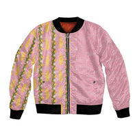 Hawaii Shell Tiare Anthurium Heliconia Lei Bomber Jacket With Tapa Pattern Baby Pink