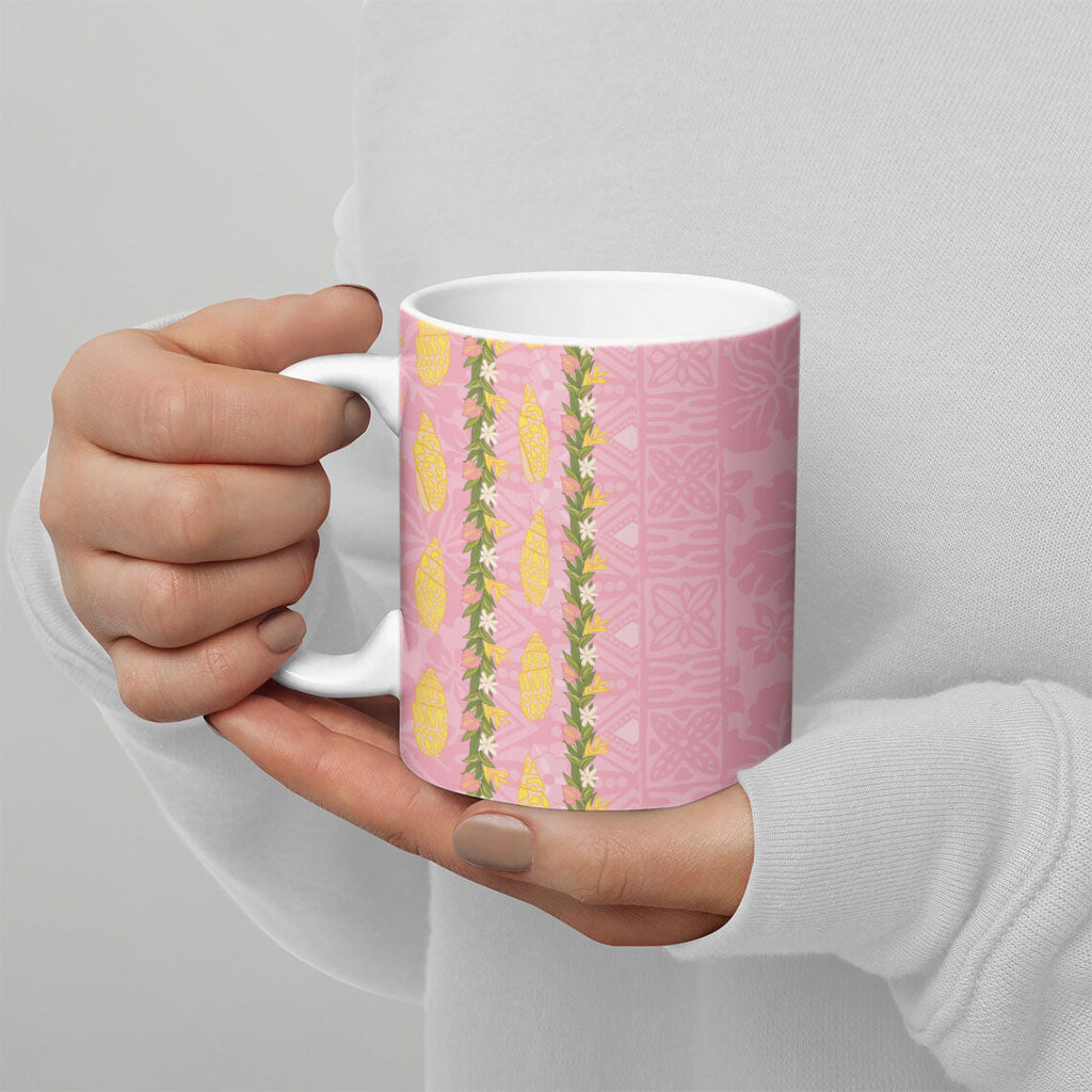 Hawaii Shell Tiare Anthurium Heliconia Lei Ceramic Mug With Tapa Pattern Baby Pink
