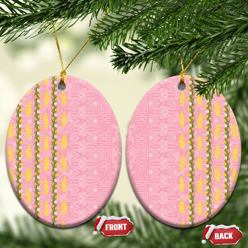 Hawaii Shell Tiare Anthurium Heliconia Lei Ceramic Ornament With Tapa Pattern Baby Pink LT05 Oval Pink - Polynesian Pride