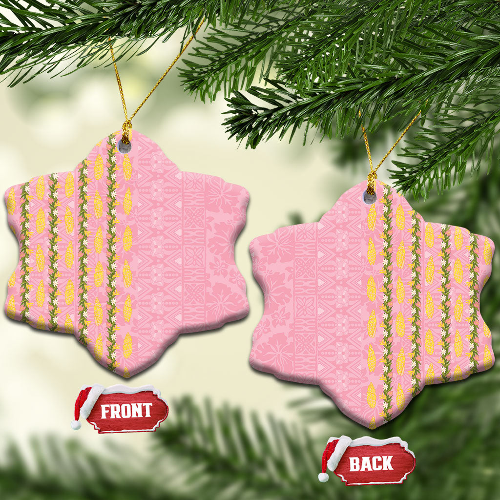 Hawaii Shell Tiare Anthurium Heliconia Lei Ceramic Ornament With Tapa Pattern Baby Pink LT05 Snow Flake Pink - Polynesian Pride