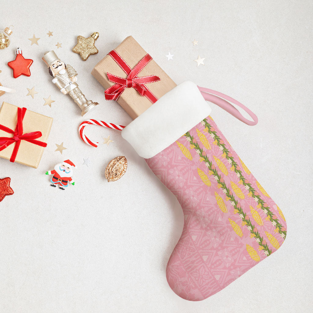 Hawaii Shell Tiare Anthurium Heliconia Lei Christmas Stocking With Tapa Pattern Baby Pink LT05 - Polynesian Pride