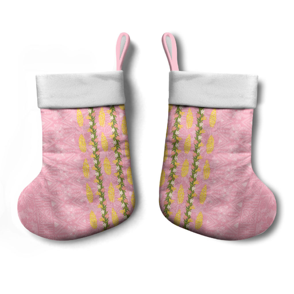 Hawaii Shell Tiare Anthurium Heliconia Lei Christmas Stocking With Tapa Pattern Baby Pink LT05 - Polynesian Pride