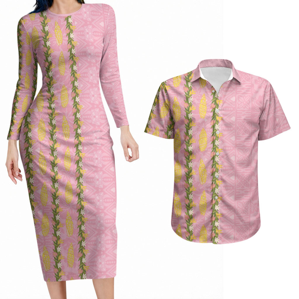 Hawaii Shell Tiare Anthurium Heliconia Lei Couples Matching Long Sleeve Bodycon Dress and Hawaiian Shirt With Tapa Pattern Baby Pink LT05 Pink - Polynesian Pride
