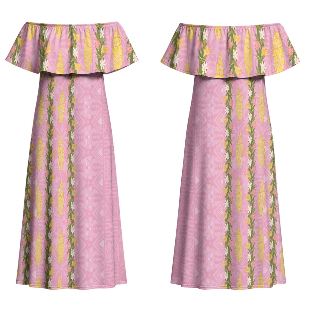 Hawaii Shell Tiare Anthurium Heliconia Lei Couples Matching Off Shoulder Maxi Dress and Hawaiian Shirt With Tapa Pattern Baby Pink LT05 - Polynesian Pride